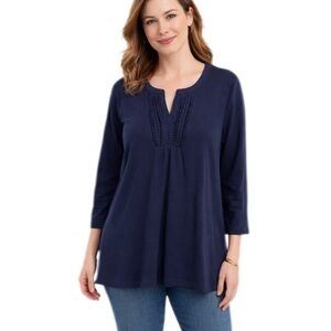 Croft & Barrow Navy Pleated Top Split Neck 3/4 Sleeves Relaxed Size XL